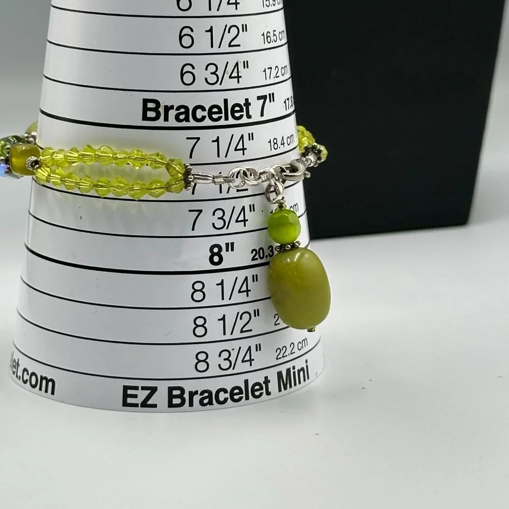 Artisan Bracelet Sterling Silver Beads Clasp Green Glass Dyed Stone Olive Tone